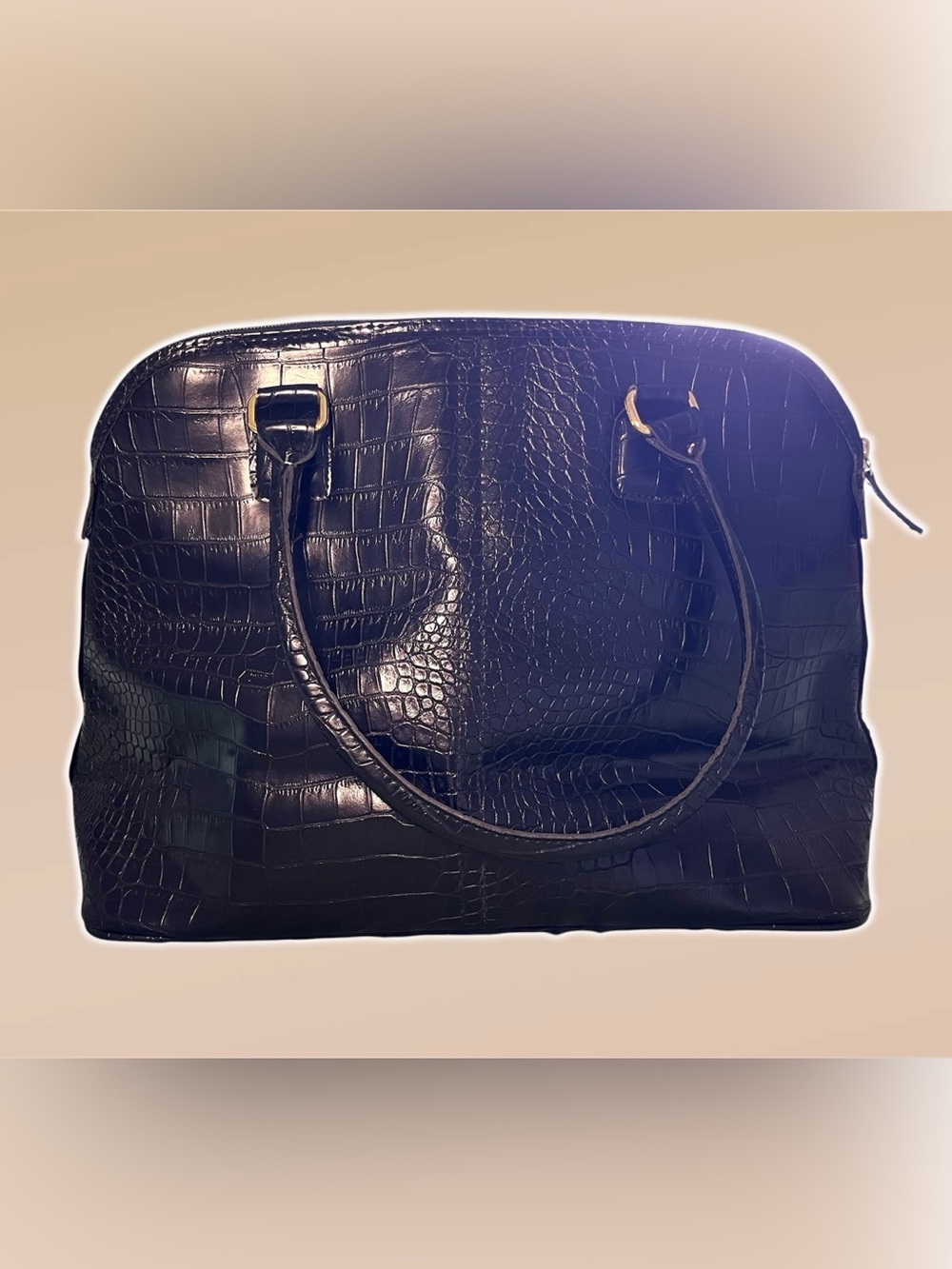 Estee Lauder Black Croc Embossed Dome Satchel Bag Large